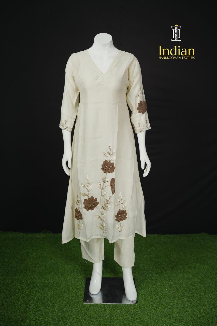 Designer Mul Chanderi Aline Cut 3Pc Sets-Half White