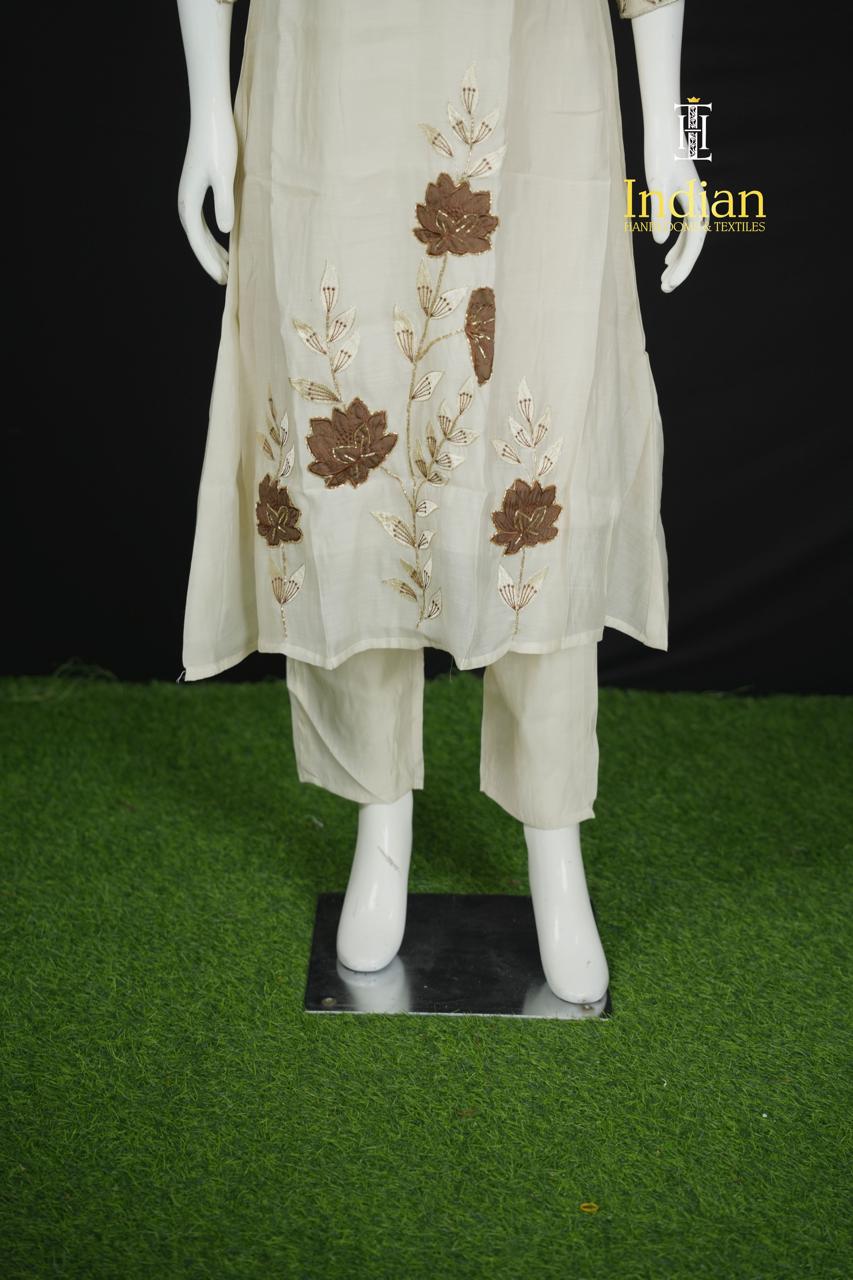 Designer Mul Chanderi Aline Cut 3Pc Sets-Half White