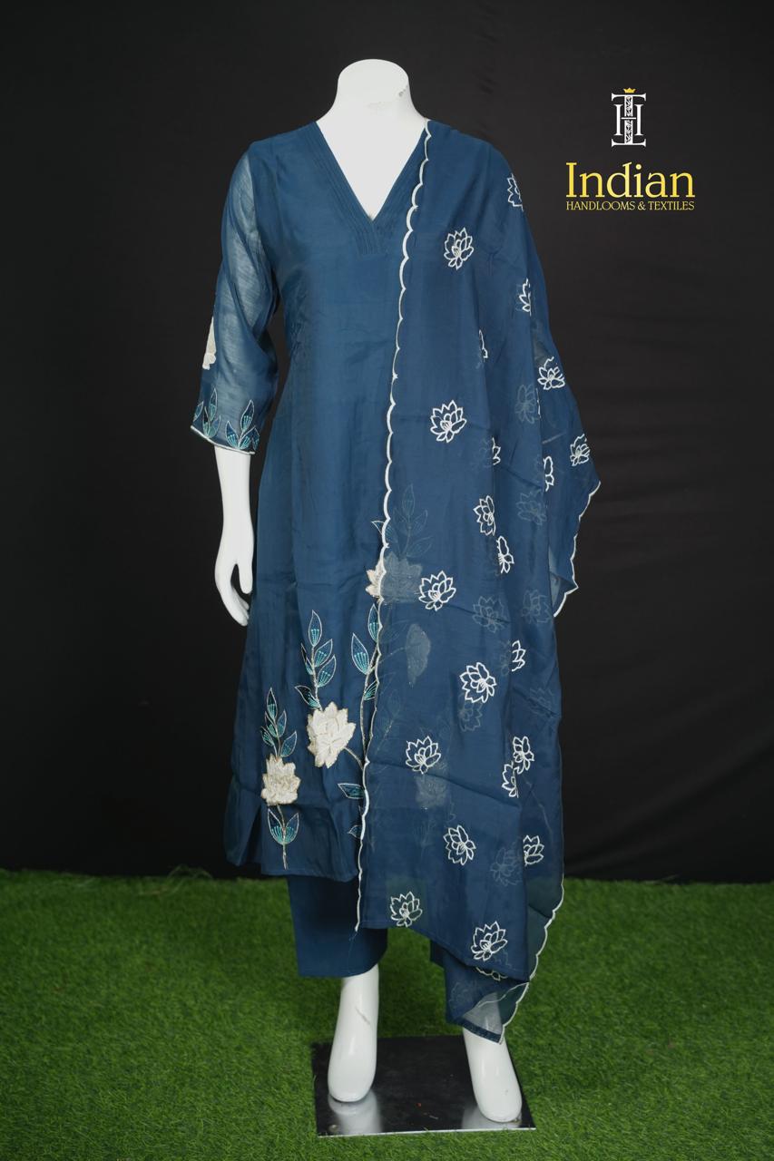 Designer Mul Chanderi Aline Cut 3Pc Sets-Blue 1