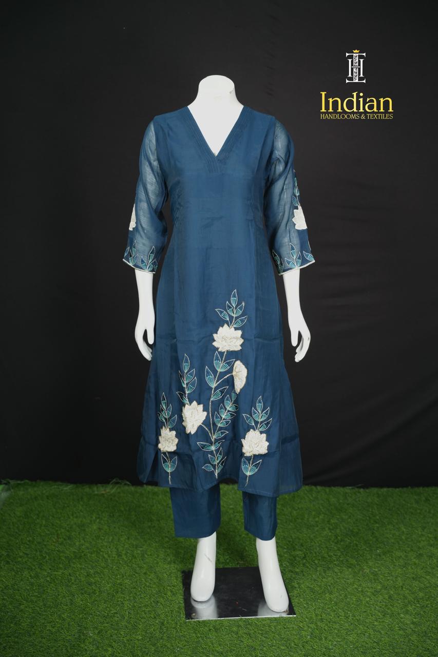 Designer Mul Chanderi Aline Cut 3Pc Sets-Blue 1