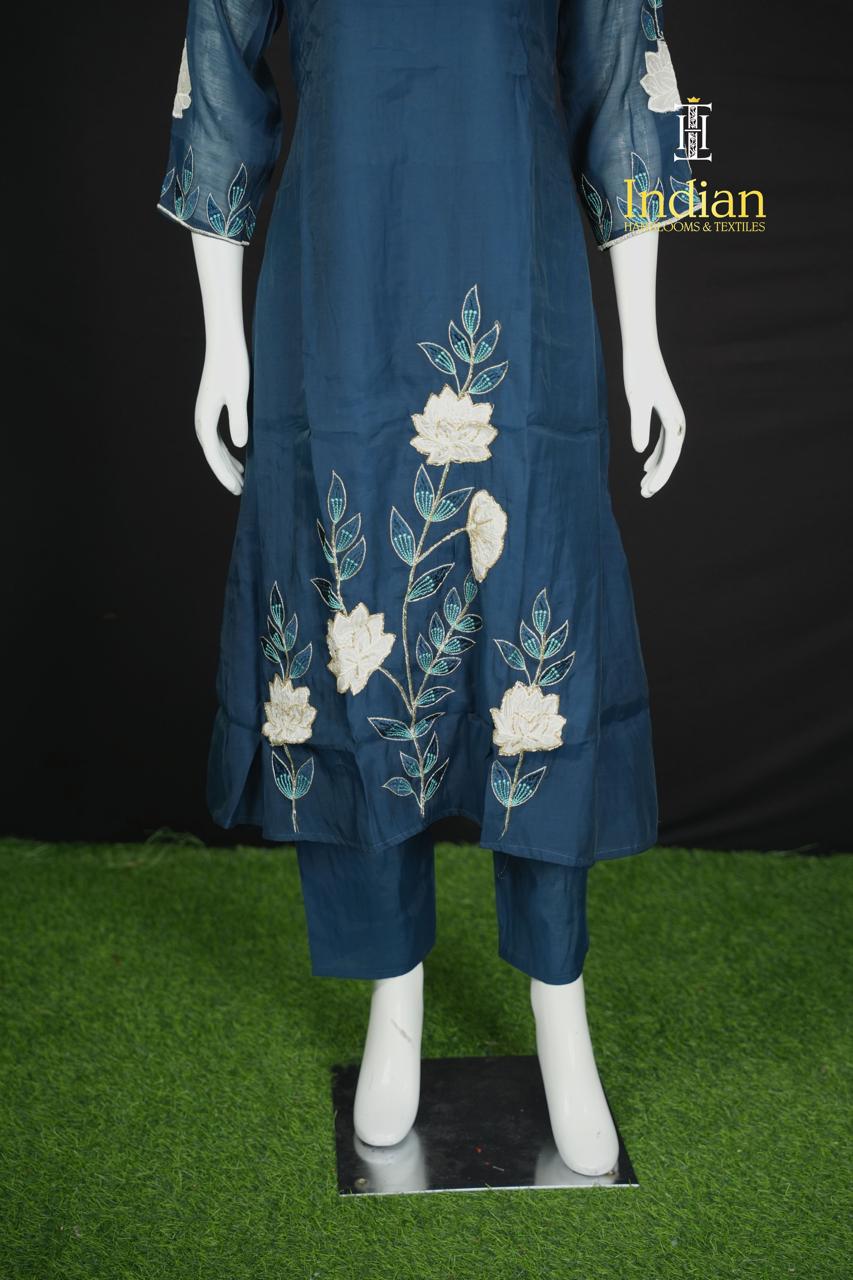 Designer Mul Chanderi Aline Cut 3Pc Sets-Blue 1