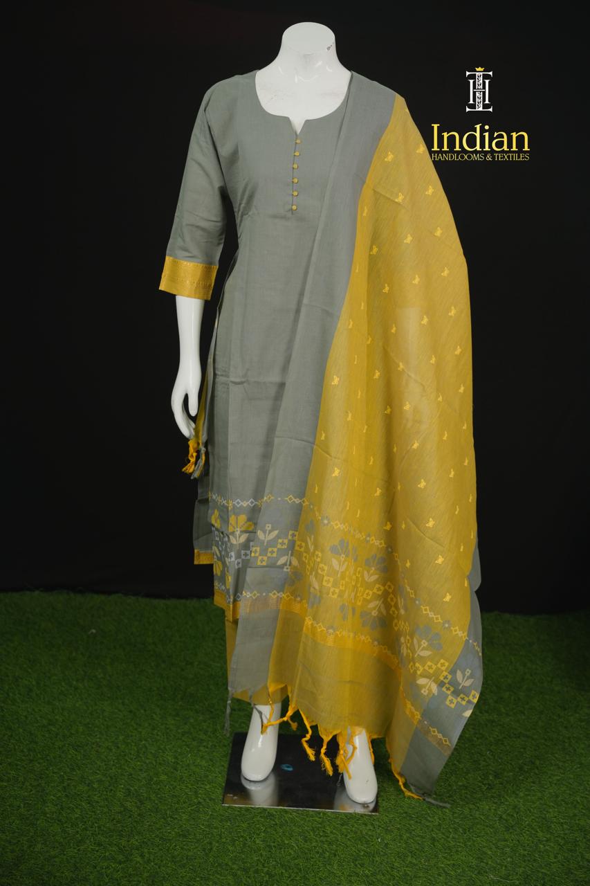 Chettinad Jamdhani Cotton Sets-Grey &amp; yellow a