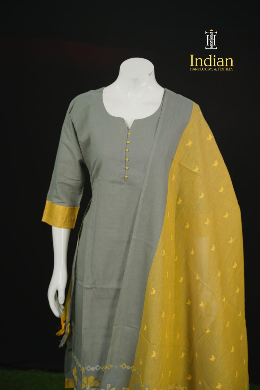 Chettinad Jamdhani Cotton Sets-Grey &amp; yellow a