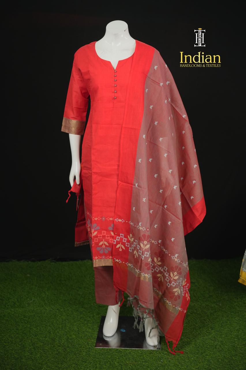 Chettinad Jamdhani Cotton Sets-Red &amp; Lite Brown