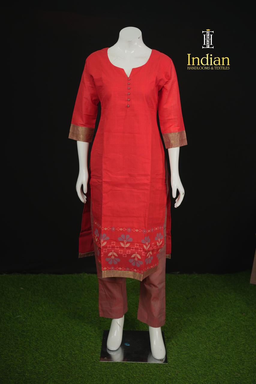 Chettinad Jamdhani Cotton Sets-Red &amp; Lite Brown