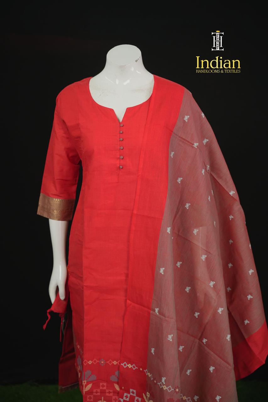 Chettinad Jamdhani Cotton Sets-Red &amp; Lite Brown