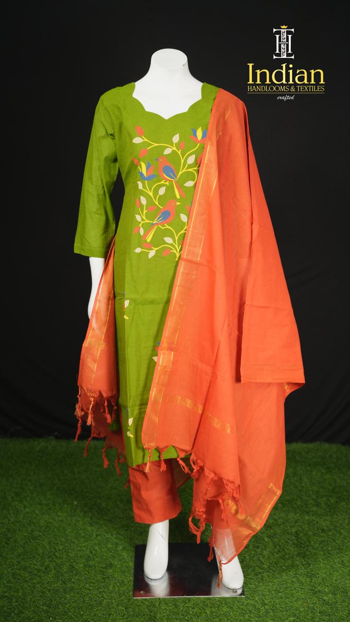 Handloom Painted Cotton Sets- Green &amp; Orange