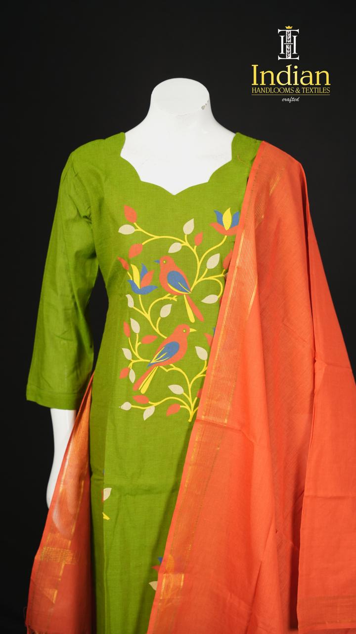 Handloom Painted Cotton Sets- Green &amp; Orange
