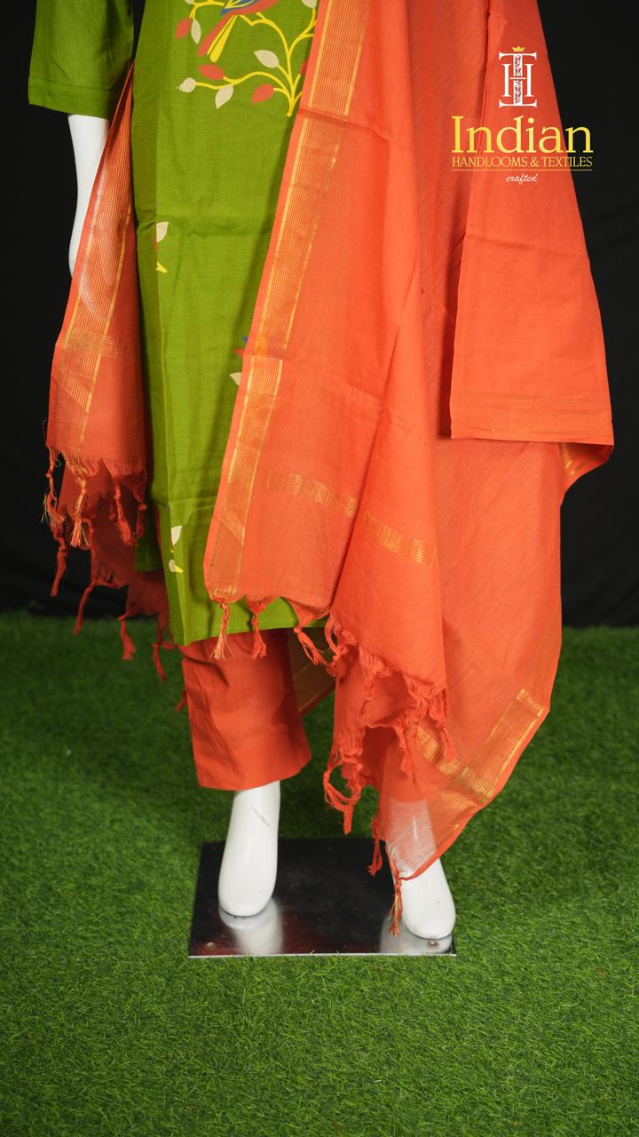Handloom Painted Cotton Sets- Green &amp; Orange