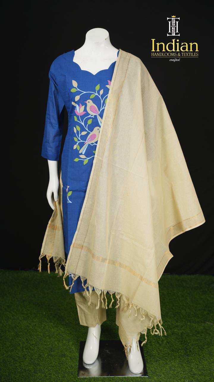 Handloom Painted Cotton Sets-Blue &amp; Cream