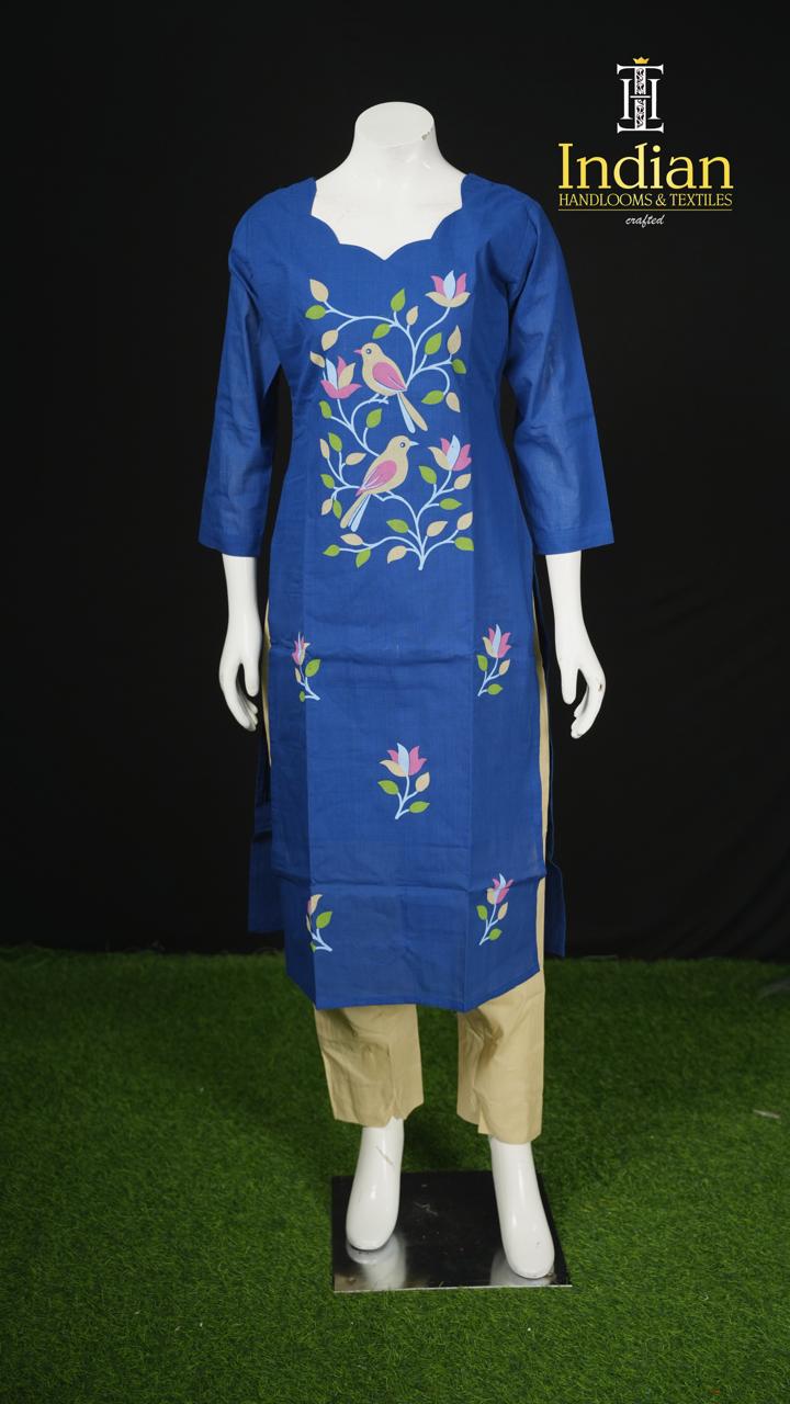Handloom Painted Cotton Sets-Blue &amp; Cream