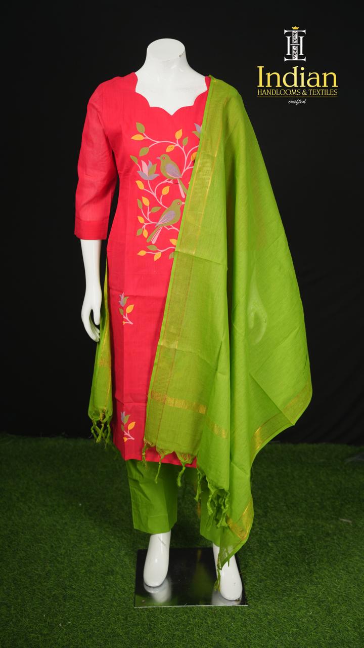 Handloom Painted Cotton Sets-Red &amp; Green
