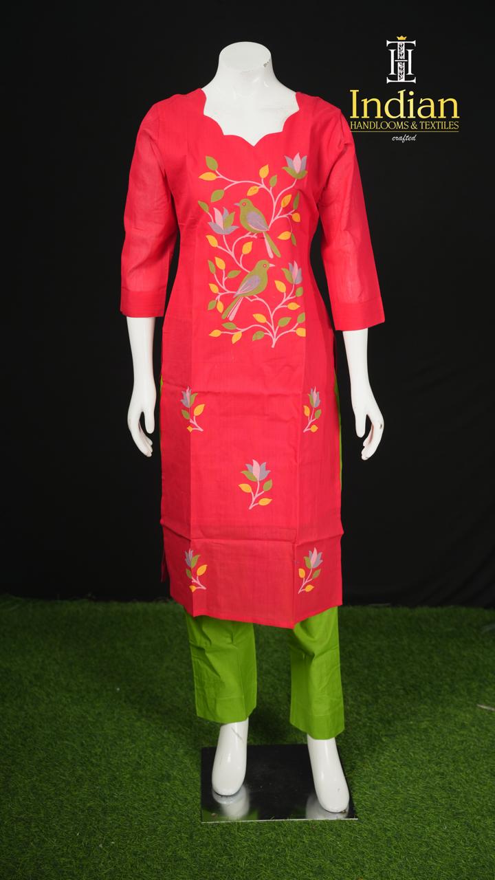 Handloom Painted Cotton Sets-Red &amp; Green