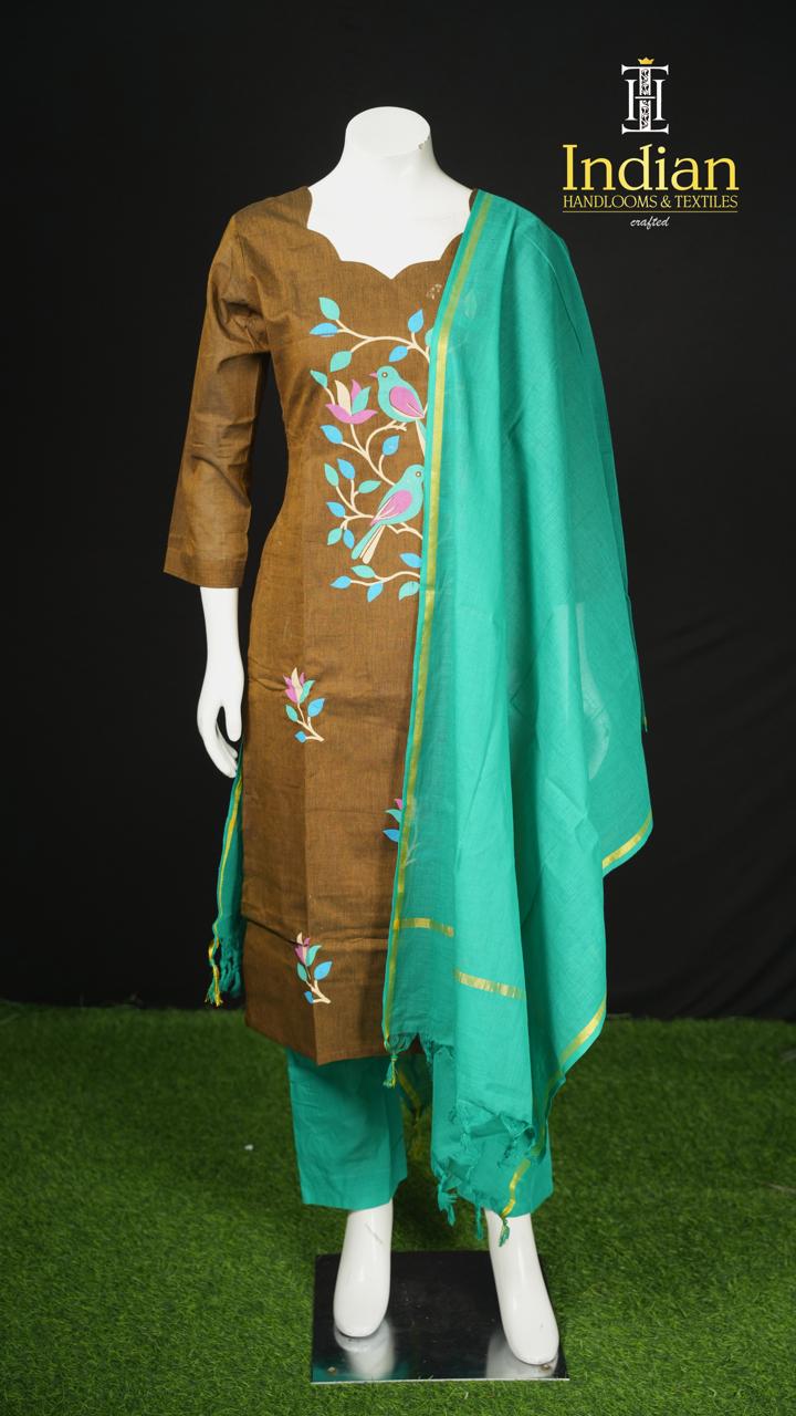 Handloom 1 Painted Cotton Sets- Brown &amp; See Green