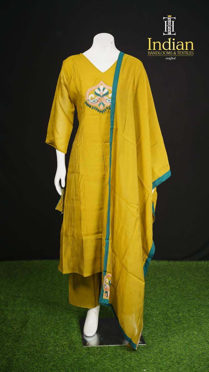 P.Designer Mul Chanderi Aline Cut 3Pc Sets-Lite Green