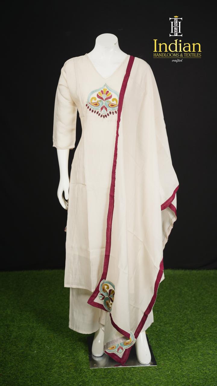 P.Designer Mul Chanderi Aline Cut 3Pc Sets-White