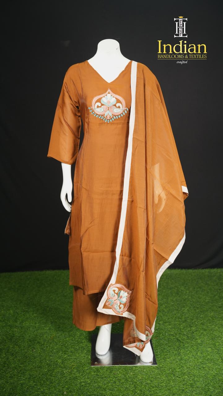 P.Designer Mul Chanderi Aline Cut 3Pc Sets-Brown