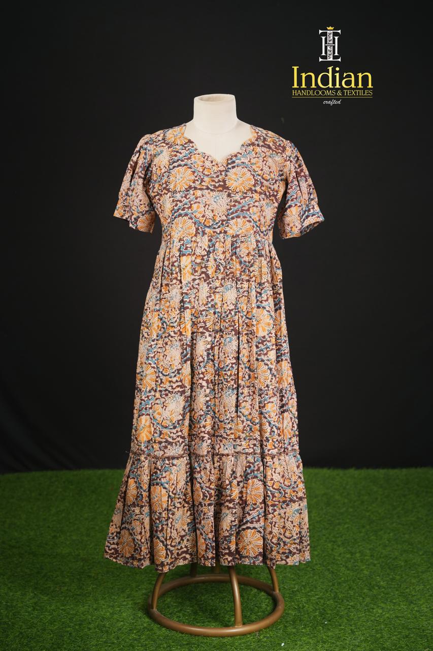 Handloom Blocked Printed Kalamkari frocks-Dark Browan
