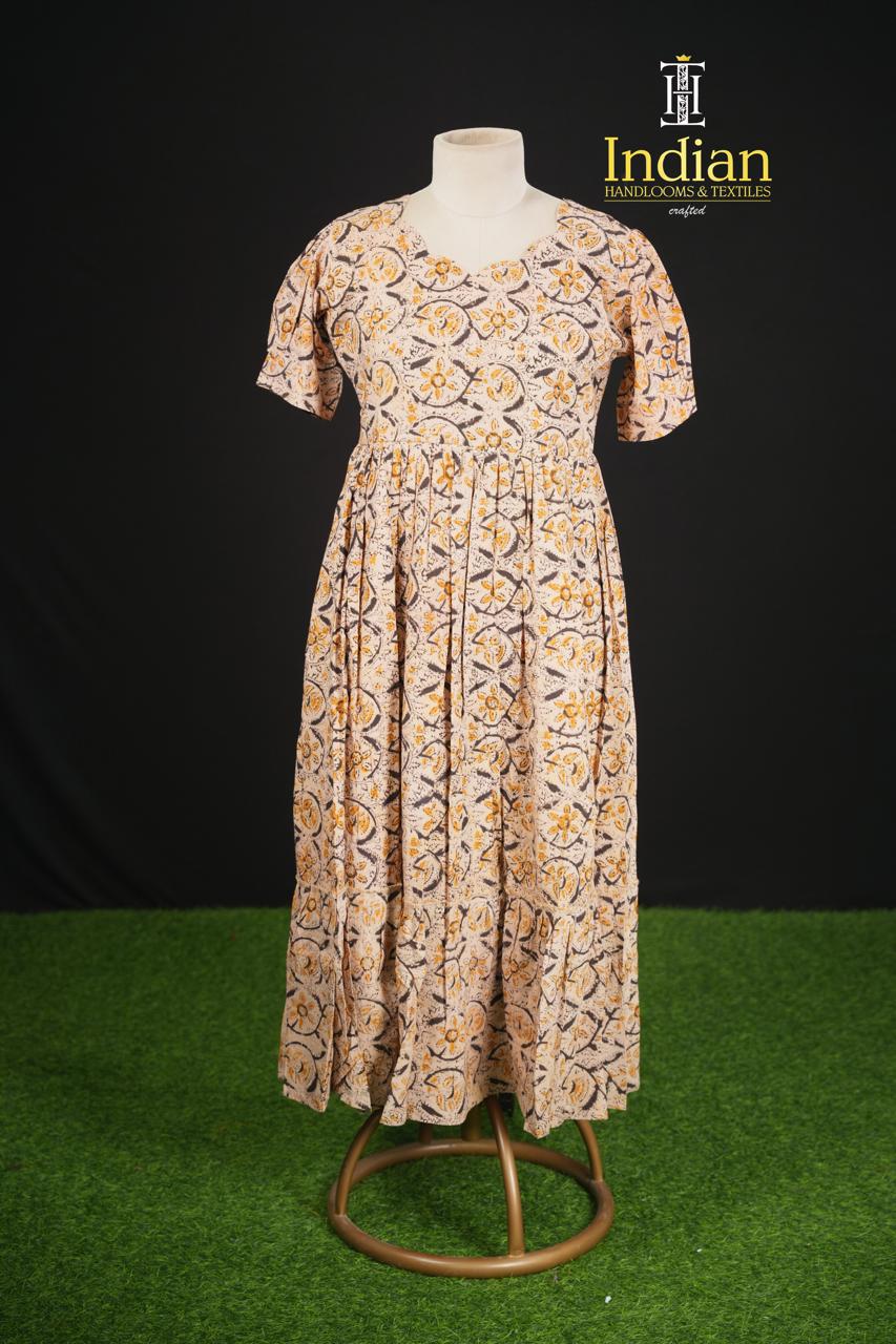 Handloom Blocked Printed Kalamkari frocks-Half White