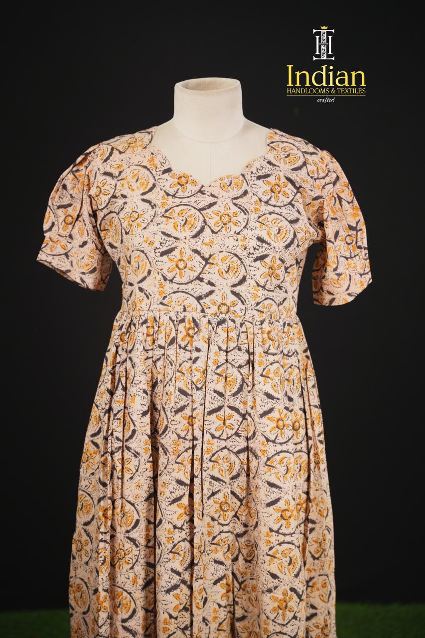 Handloom Blocked Printed Kalamkari frocks-Half White