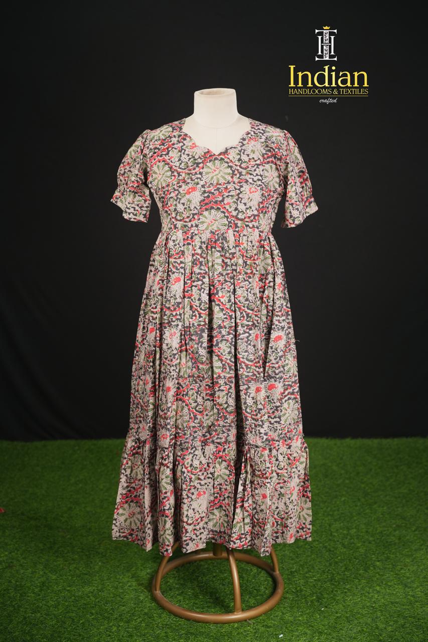 Handloom Blocked Printed Kalamkari frocks-Black