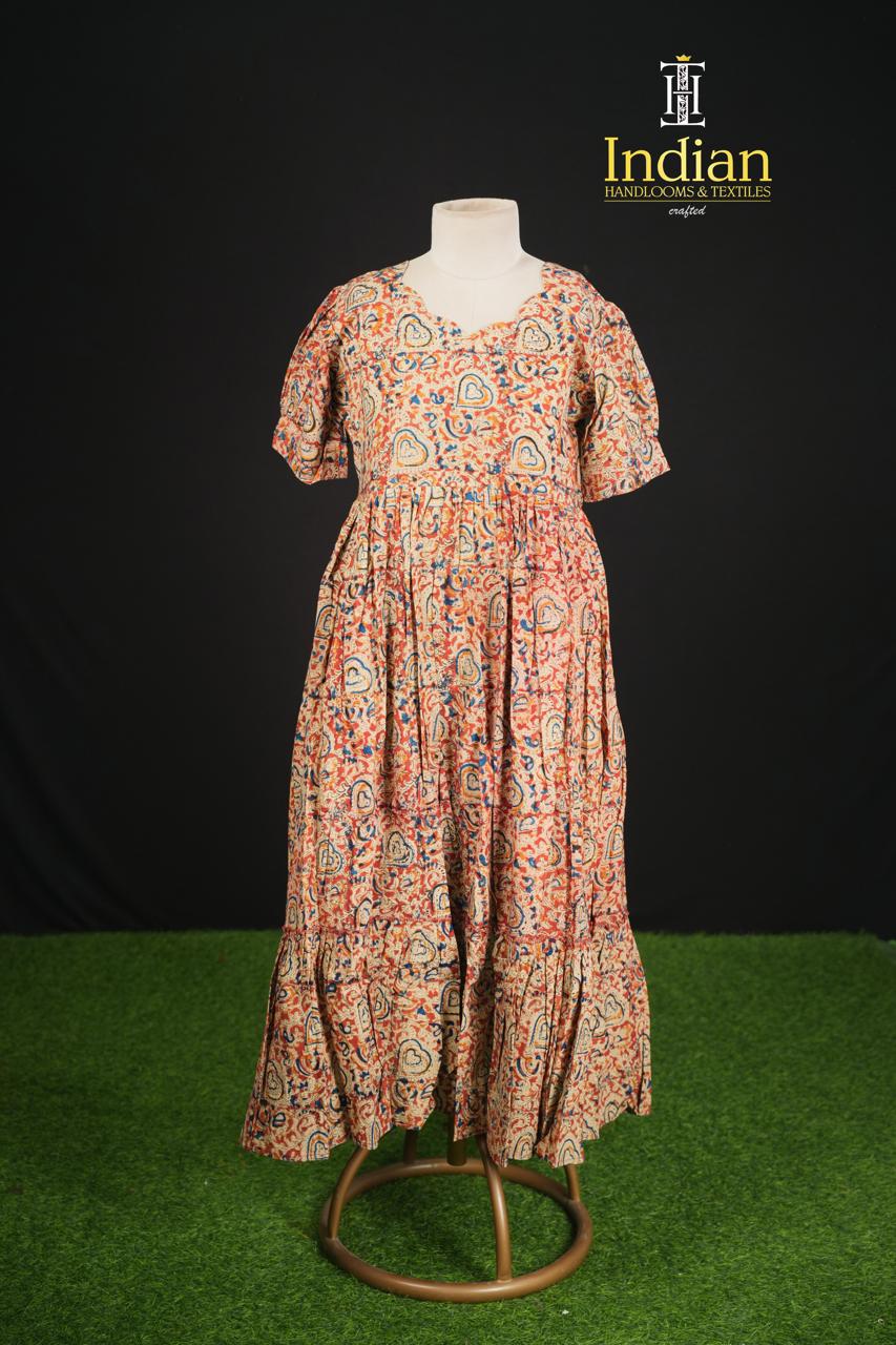 Handloom Blocked Printed Kalamkari frocks-Dark Orange