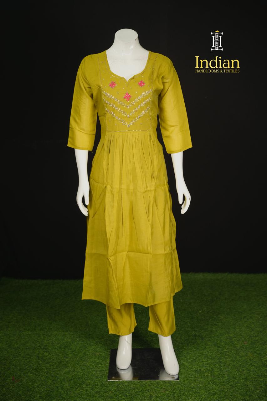 P.Designer Mul Chanderi Aline Cut 3Pc Sets - Lite Green