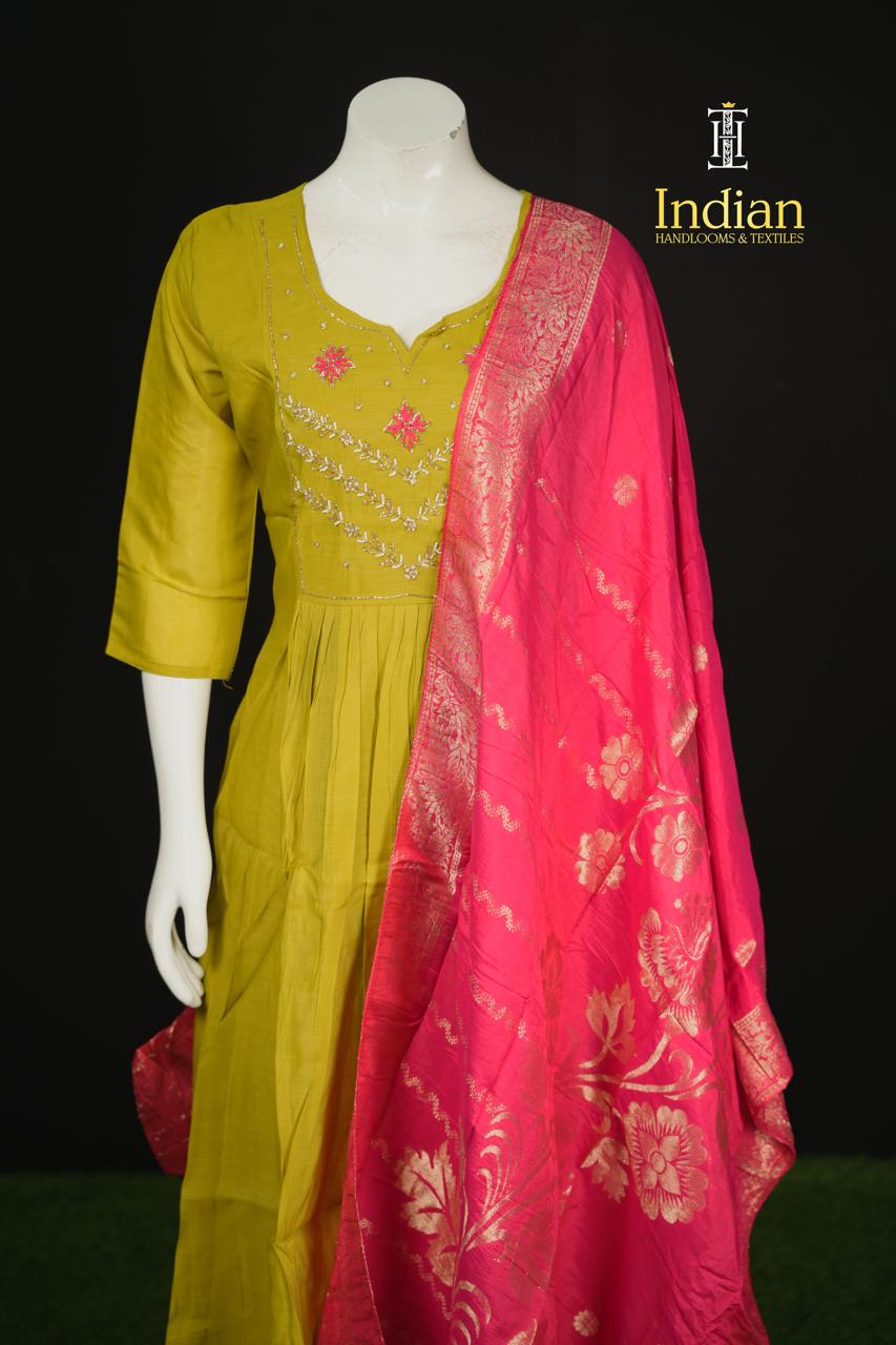 P.Designer Mul Chanderi Aline Cut 3Pc Sets - Lite Green