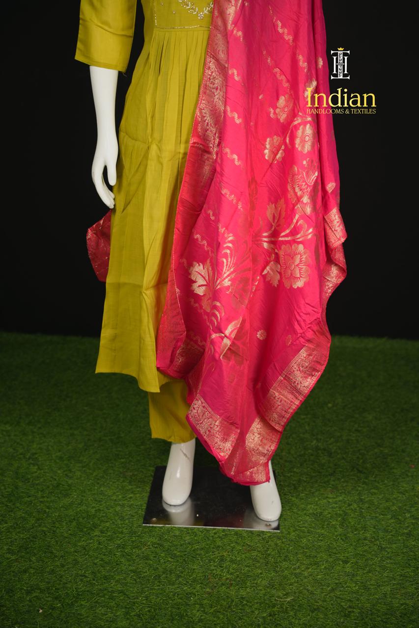 P.Designer Mul Chanderi Aline Cut 3Pc Sets - Lite Green