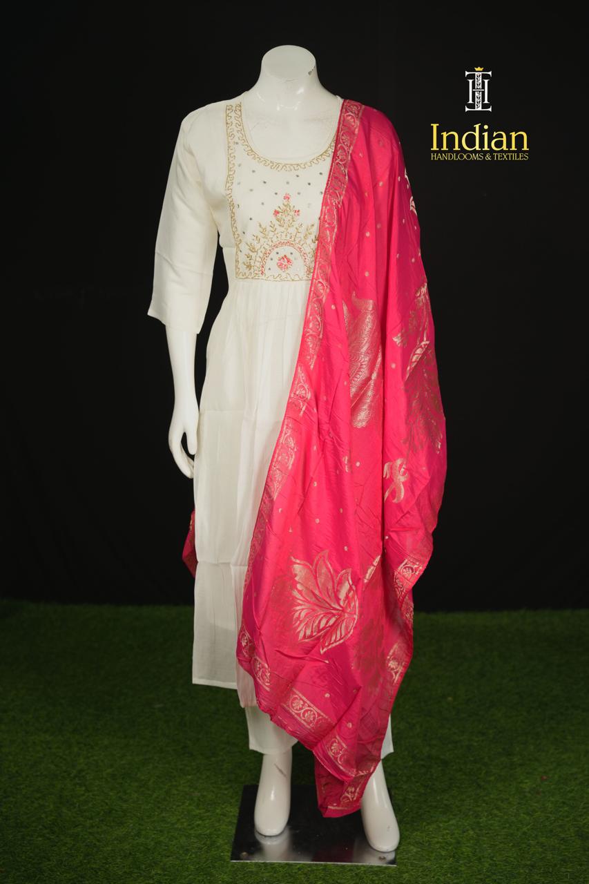 P.Designer Mul Chanderi Aline Cut 3Pc Sets -Half White