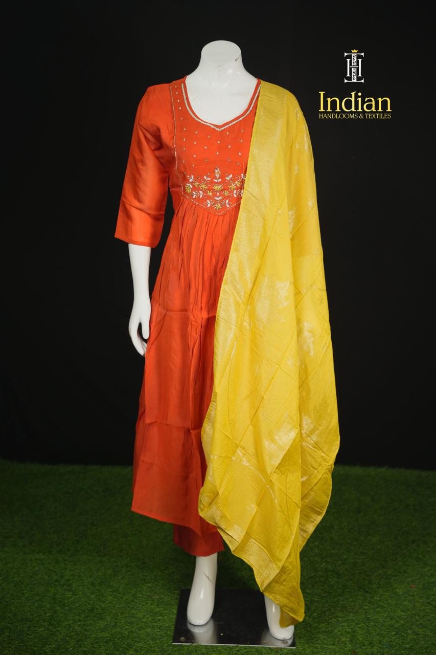 P.Designer Mul Chanderi Aline Cut 3Pc Sets -Orange
