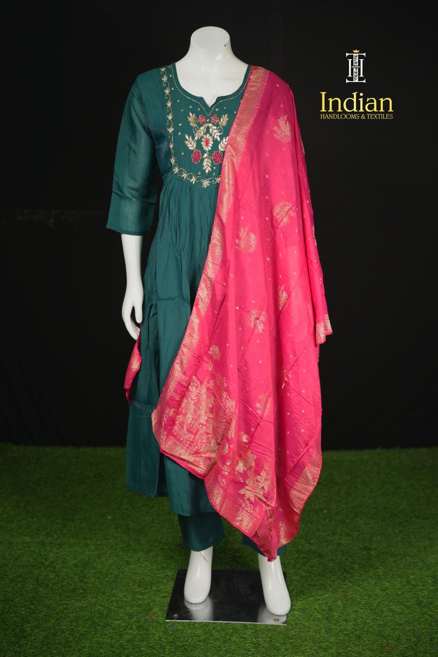 P.Designer Mul Chanderi Aline Cut 3Pc Sets -Bottle Green