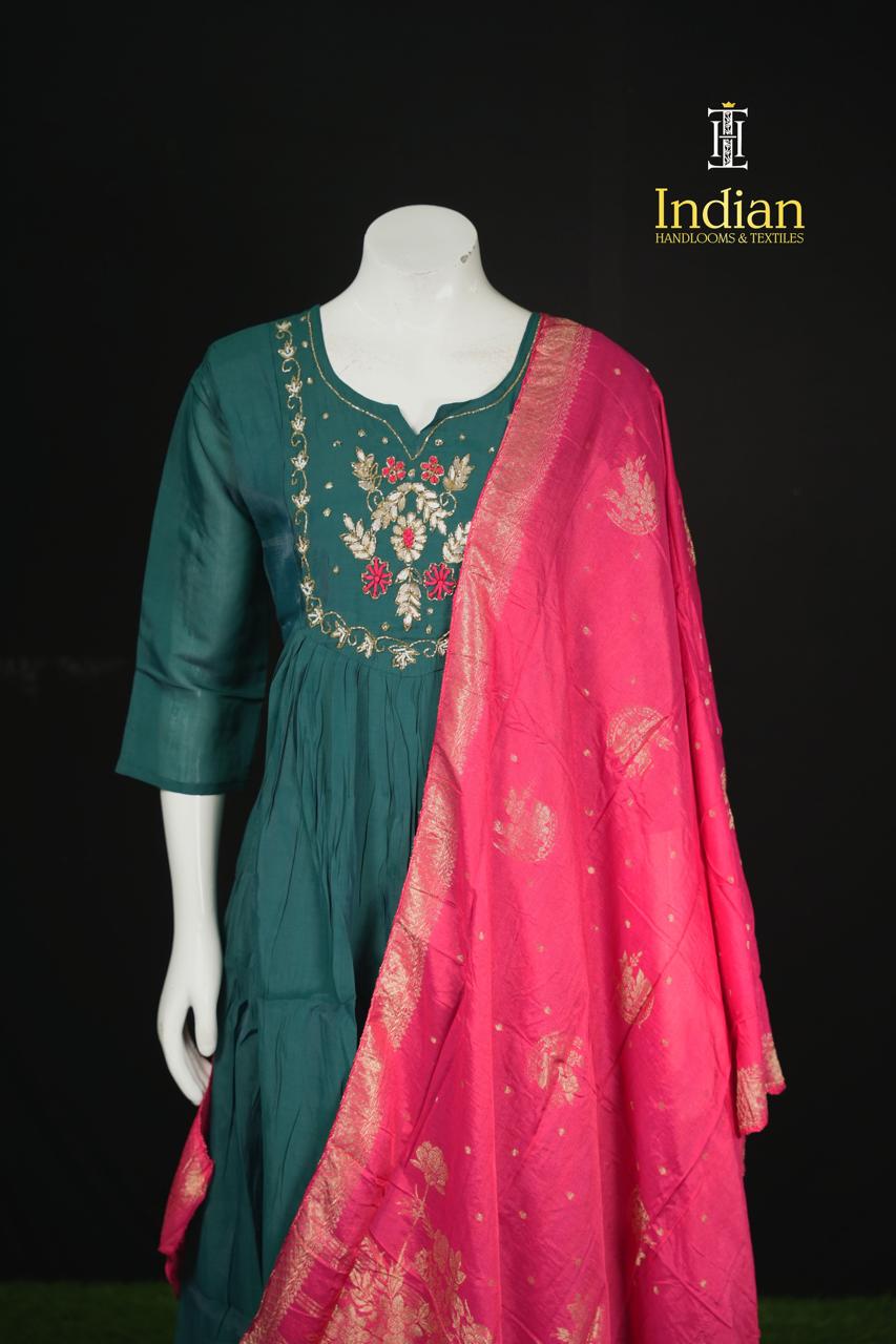 P.Designer Mul Chanderi Aline Cut 3Pc Sets -Bottle Green