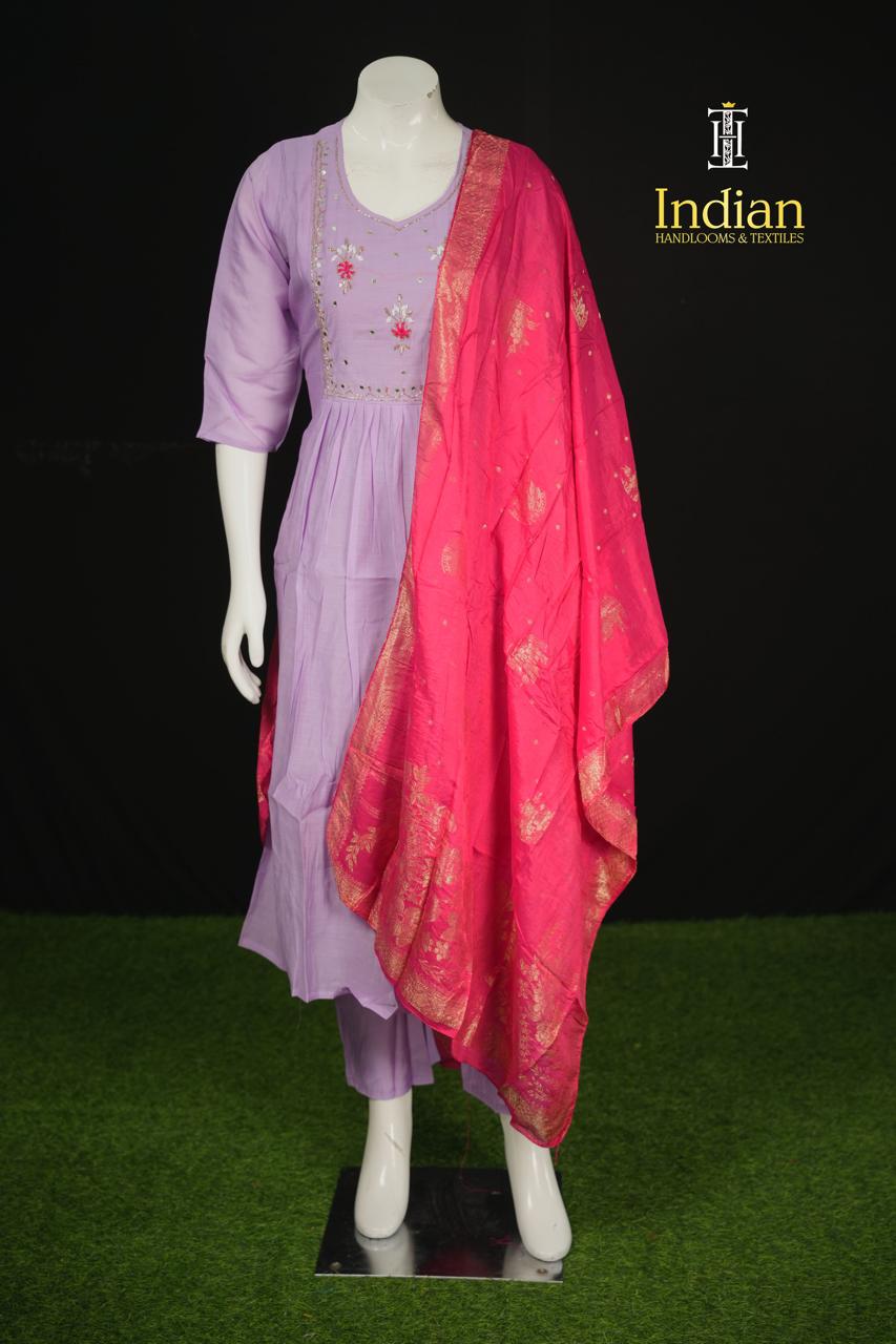 P.Designer Mul Chanderi Aline Cut 3Pc Sets - Lavender 1