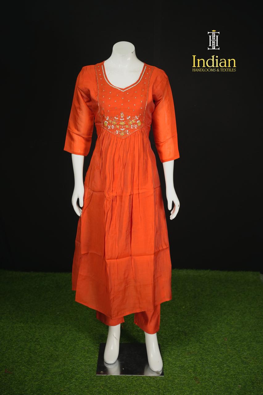P.Designer Mul Chanderi Aline Cut 3Pc Sets -Orange 2