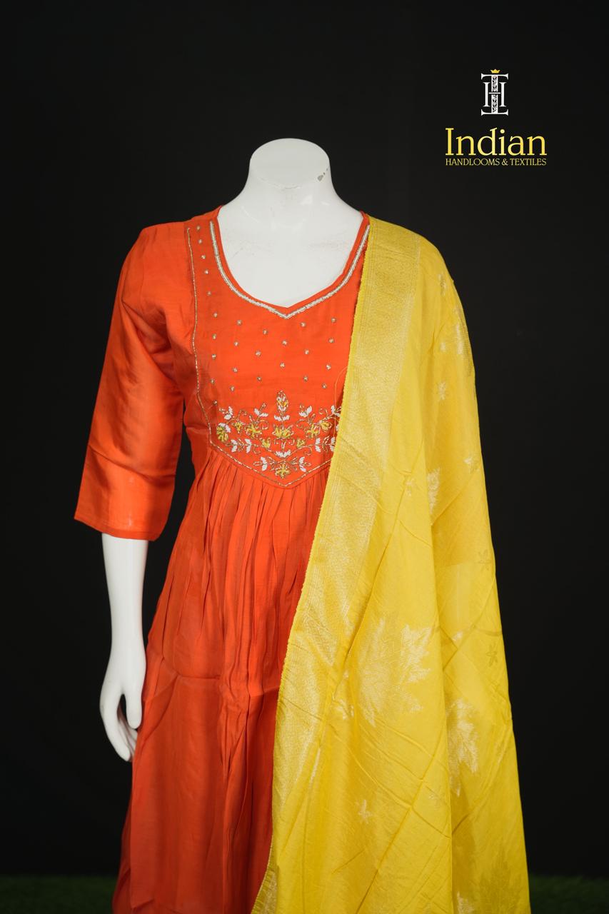 P.Designer Mul Chanderi Aline Cut 3Pc Sets -Orange 2