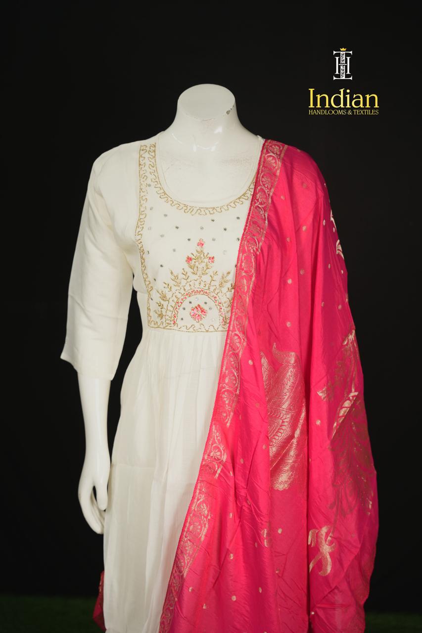 P.Designer Mul Chanderi Aline Cut 3Pc Sets -Half White 3