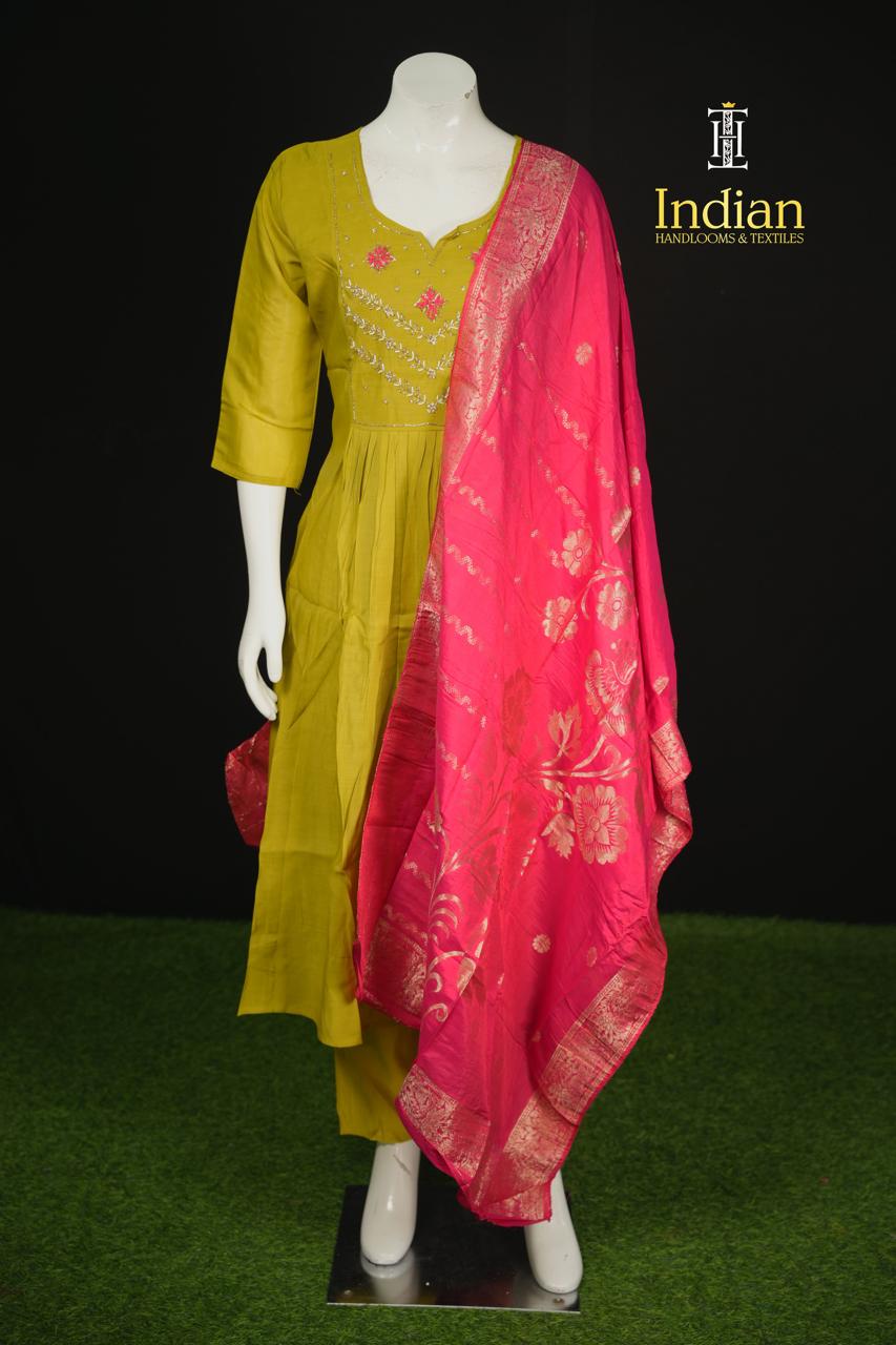 P.Designer Mul Chanderi Aline Cut 3Pc Sets - Lite Green 5