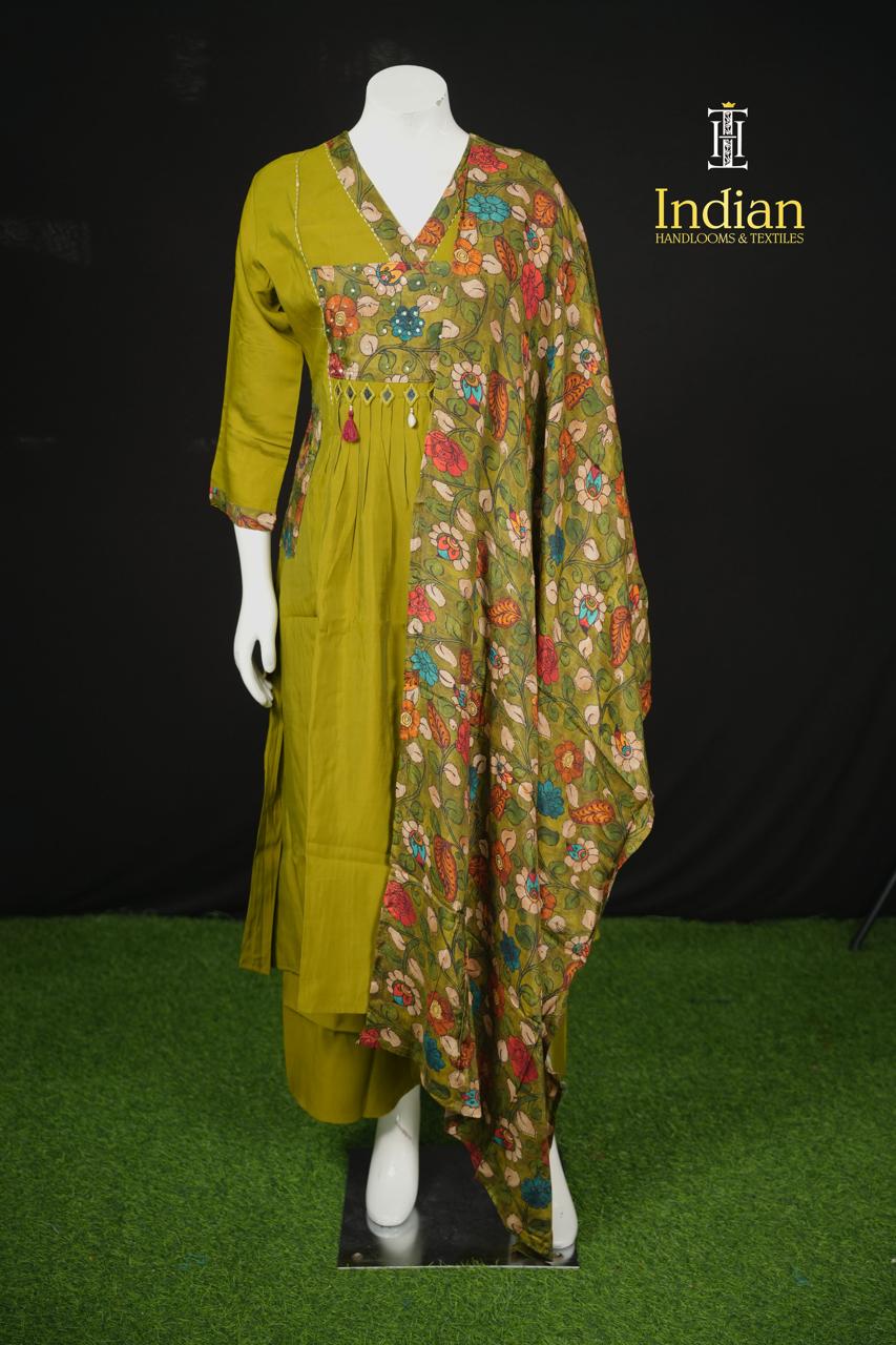 Designer Mul Chanderi Aline Cut 3Pc Sets-Green