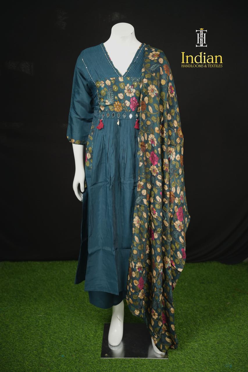 Designer Mul Chanderi Aline Cut 3Pc Sets-Blue