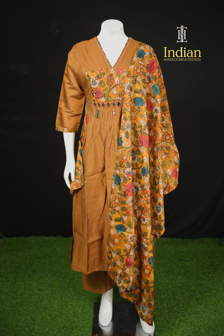 Designer Mul Chanderi Aline Cut 3Pc Sets-Sandal