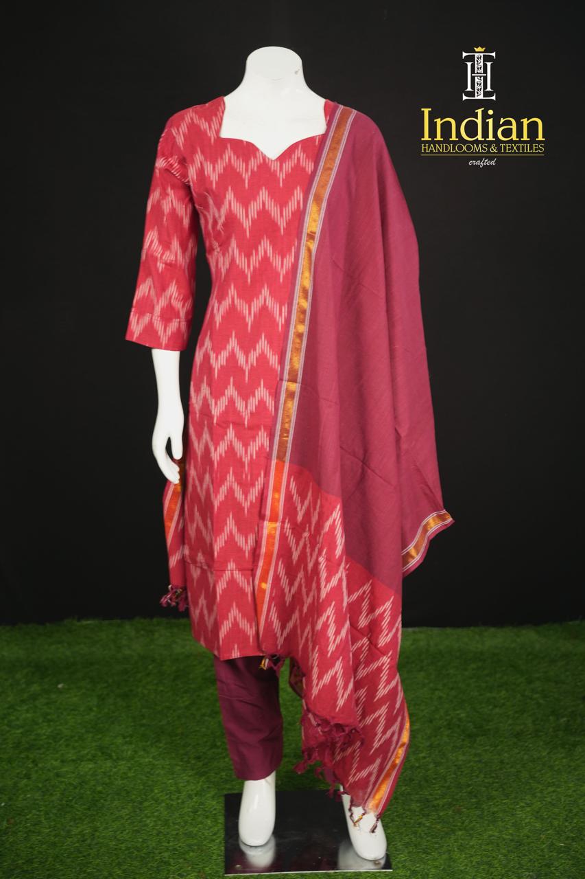 N Pure Ikkat Cotton Sets-Red &amp; Maroon