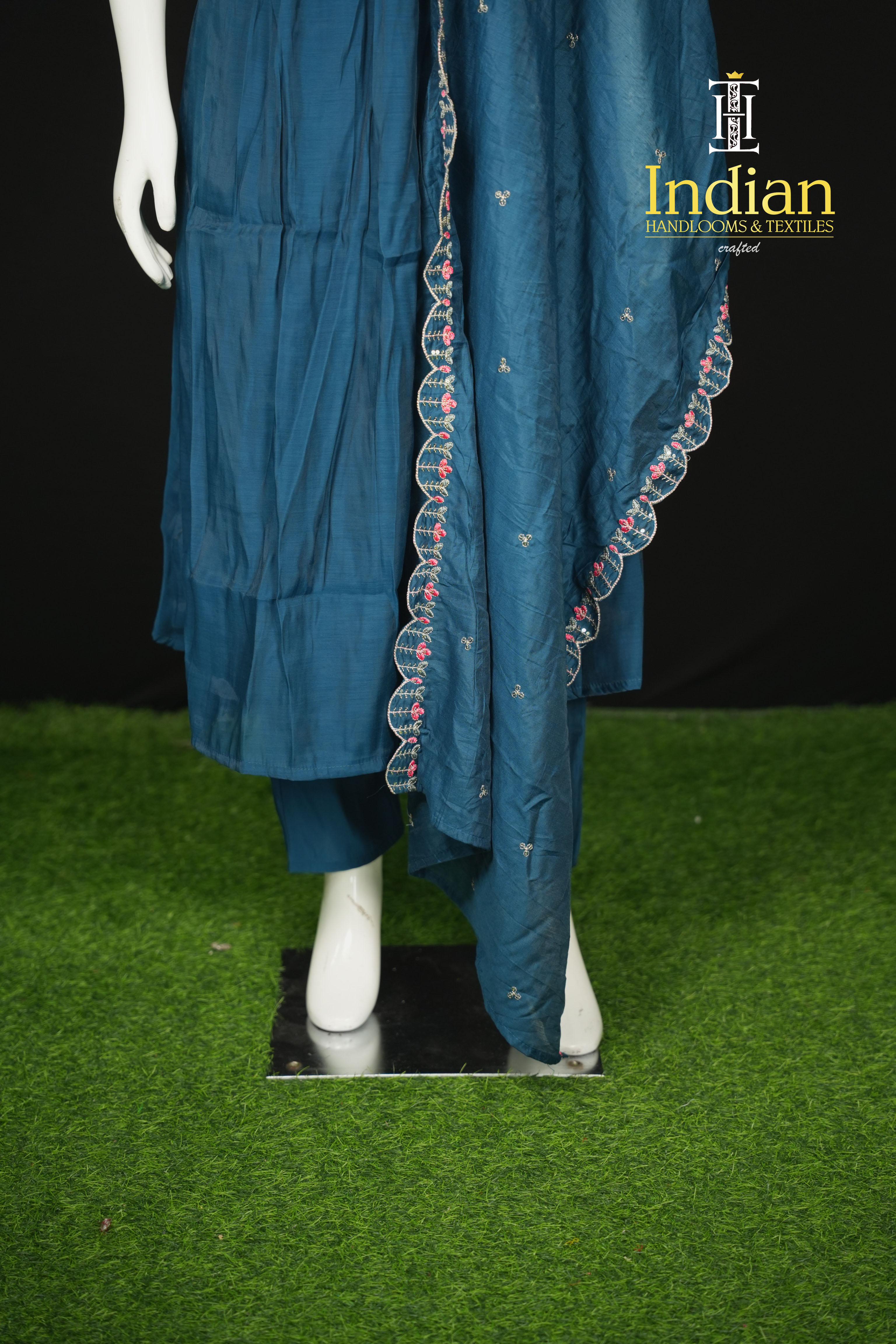 New Designer Mul Chanderi Aline Cut 3Pc Sets- Peacock Blue